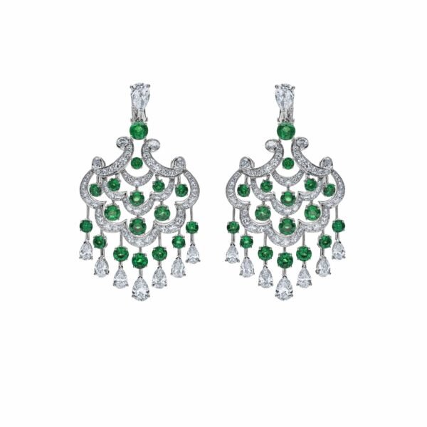 Graff White Gold Diamond and Emerald Chandelier Earrings