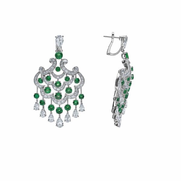 Graff White Gold Diamond and Emerald Chandelier Earrings - Image 3